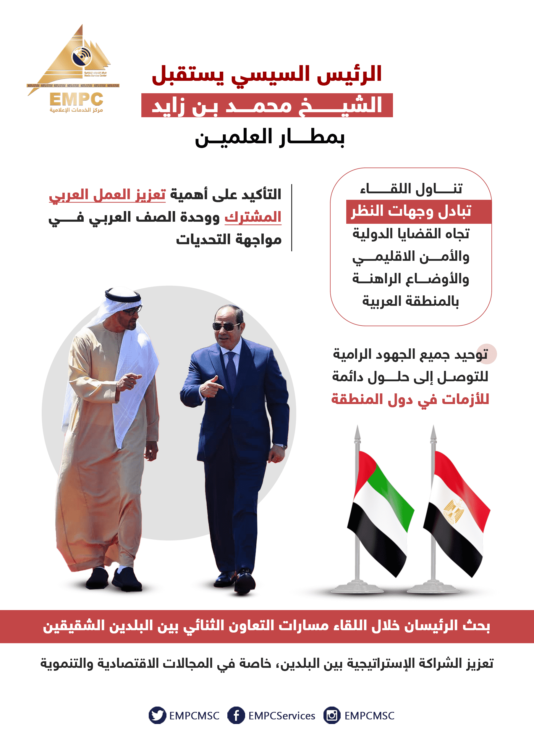 At El Alamein Airport, President Sisi greets Sheikh Mohammed bin Zayed Al Nahyan.