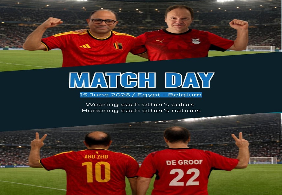 Wearing their national team jerseys, the Egyptian and Belgian ambassadors in Cairo exchange a message ahead of their teams' World Cup match.